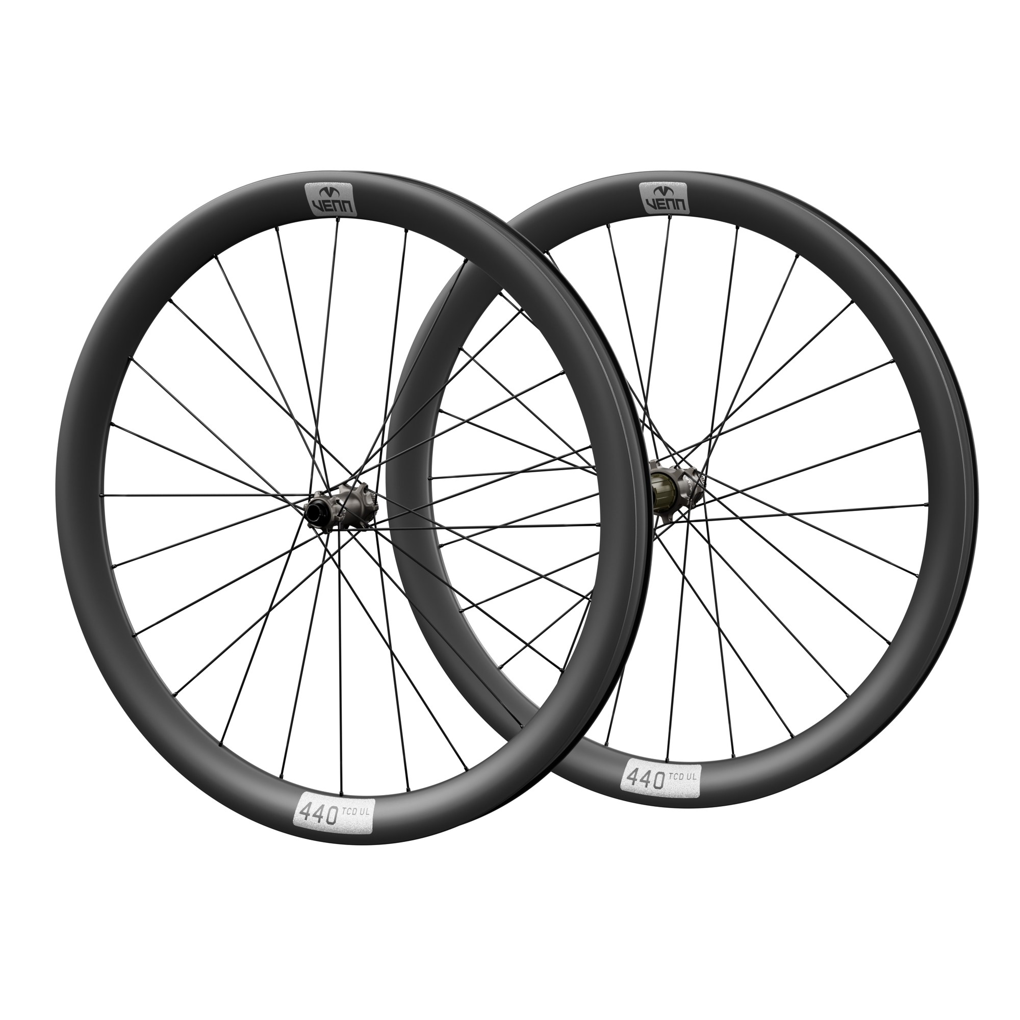 Venn 440 HE1 carbon wheelset, 1k filament wound 440 TCD UL rims on Venn Helix-01 hubs (render)