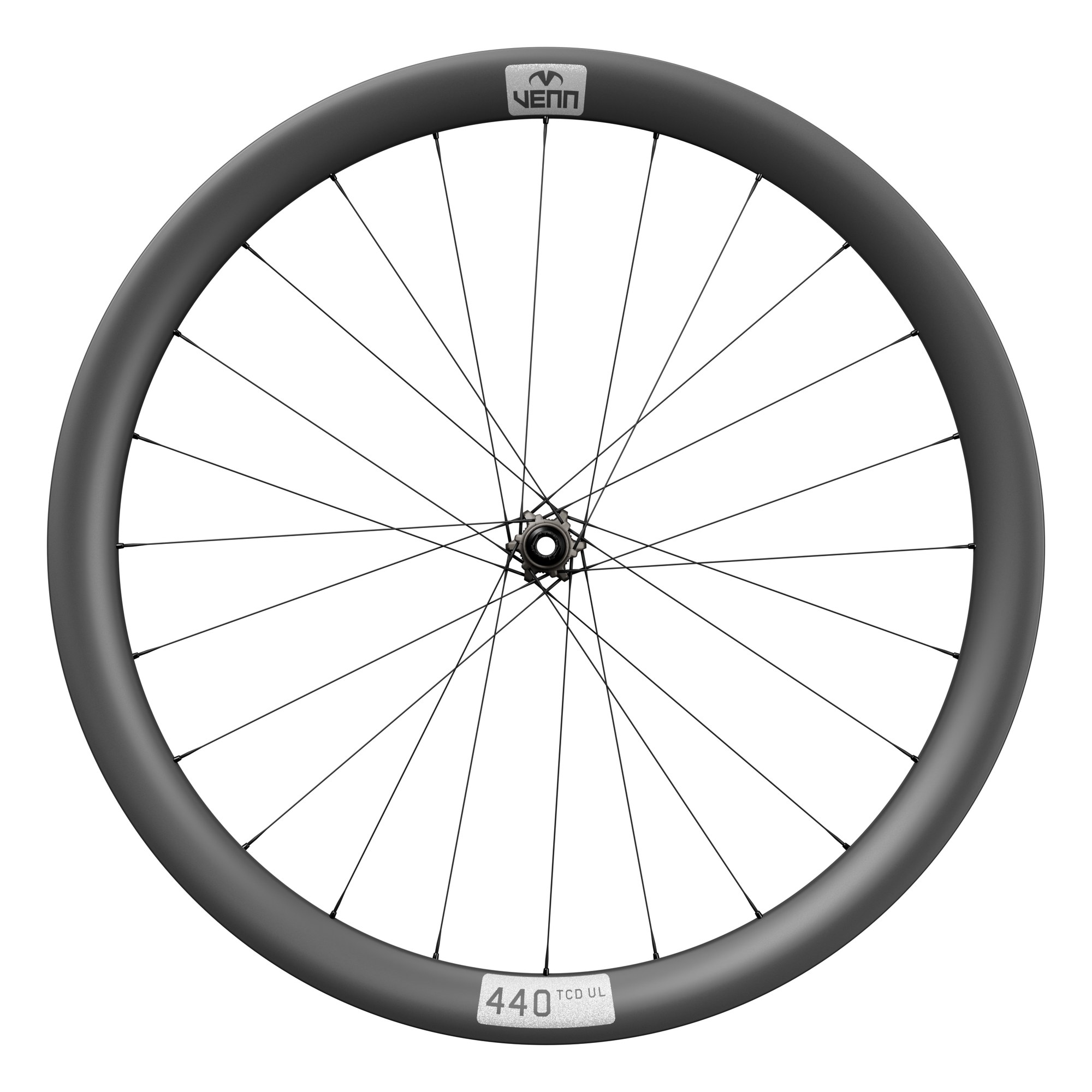 Venn 440 Helix carbon front wheel, side view, 1k filament wound 440 TCD UL rims on Venn Helix-01 hubs (render)