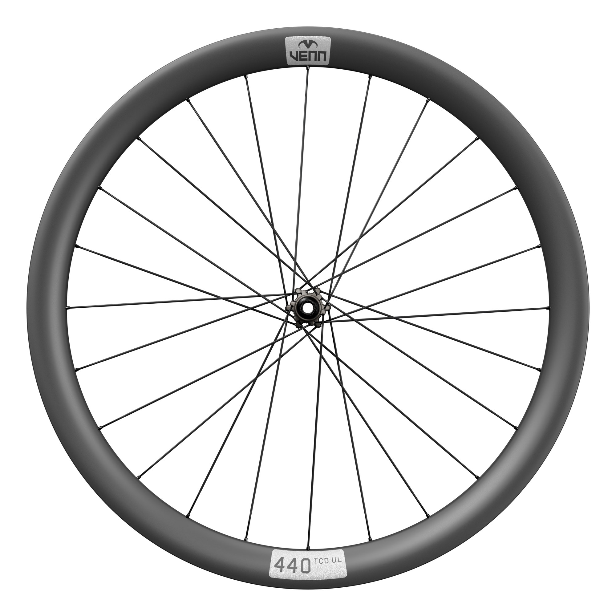 Venn 440 HE1 carbon front wheel, side view, 1k filament wound 440 TCD UL rims on Venn Helix-01 hubs (render)