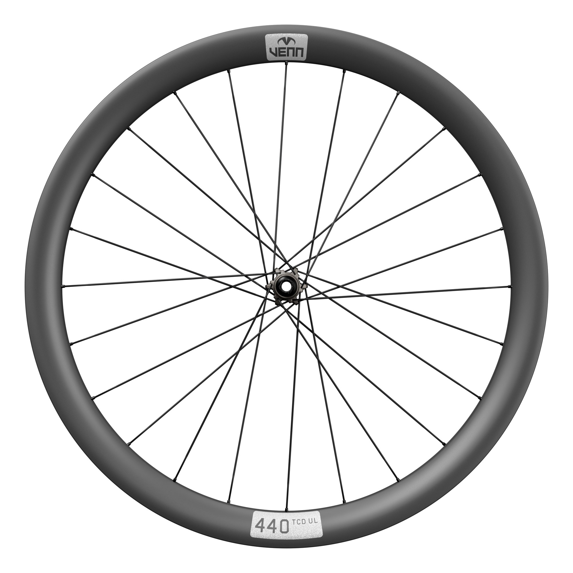 Venn 440 HE1 carbon front wheel, side view, 1k filament wound 440 TCD UL rims on Venn Helix-01 hubs (render)