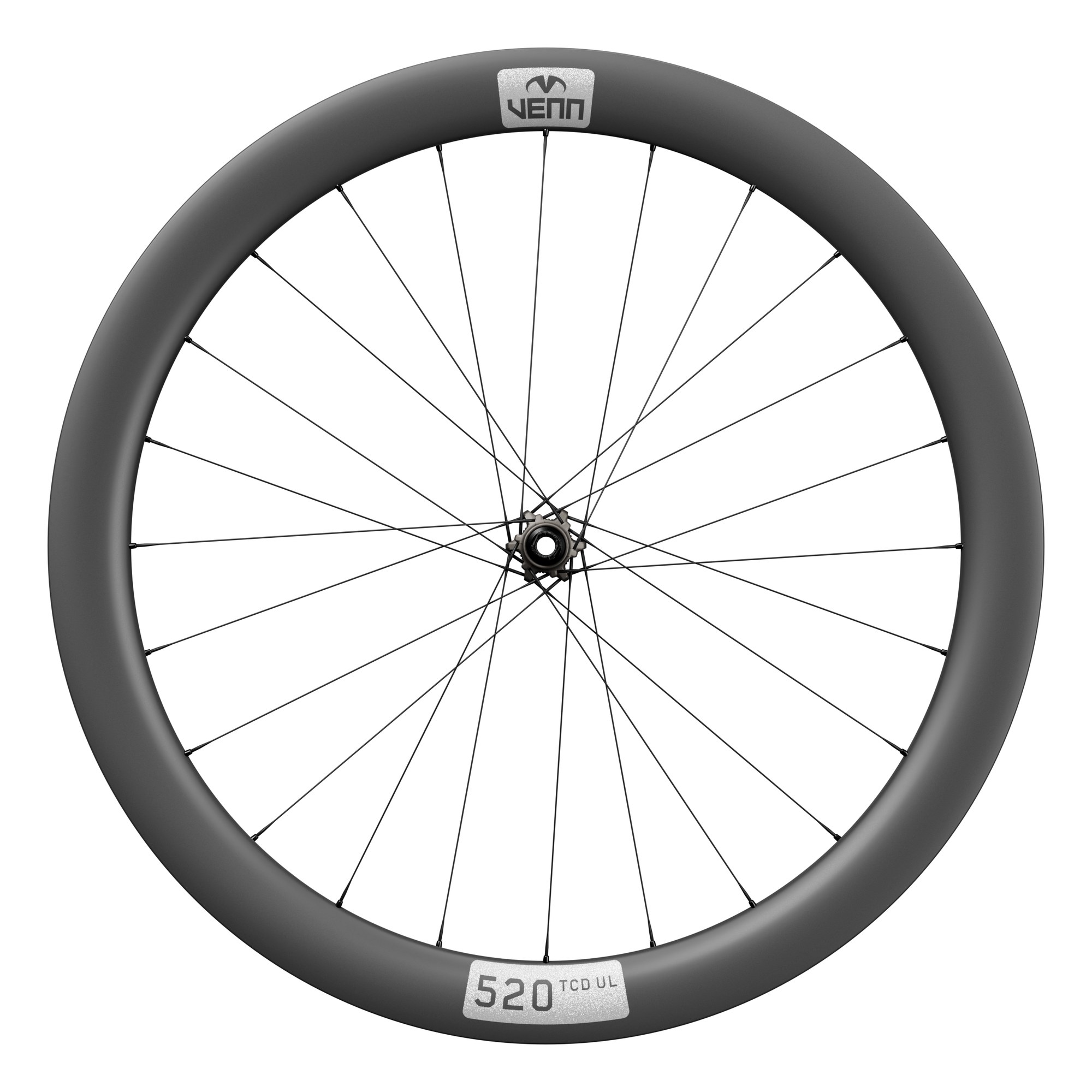 Venn 520 Helix carbon front wheel, side view, 1k filament wound 520 TCD UL rims on Venn Helix-01 hubs (render)