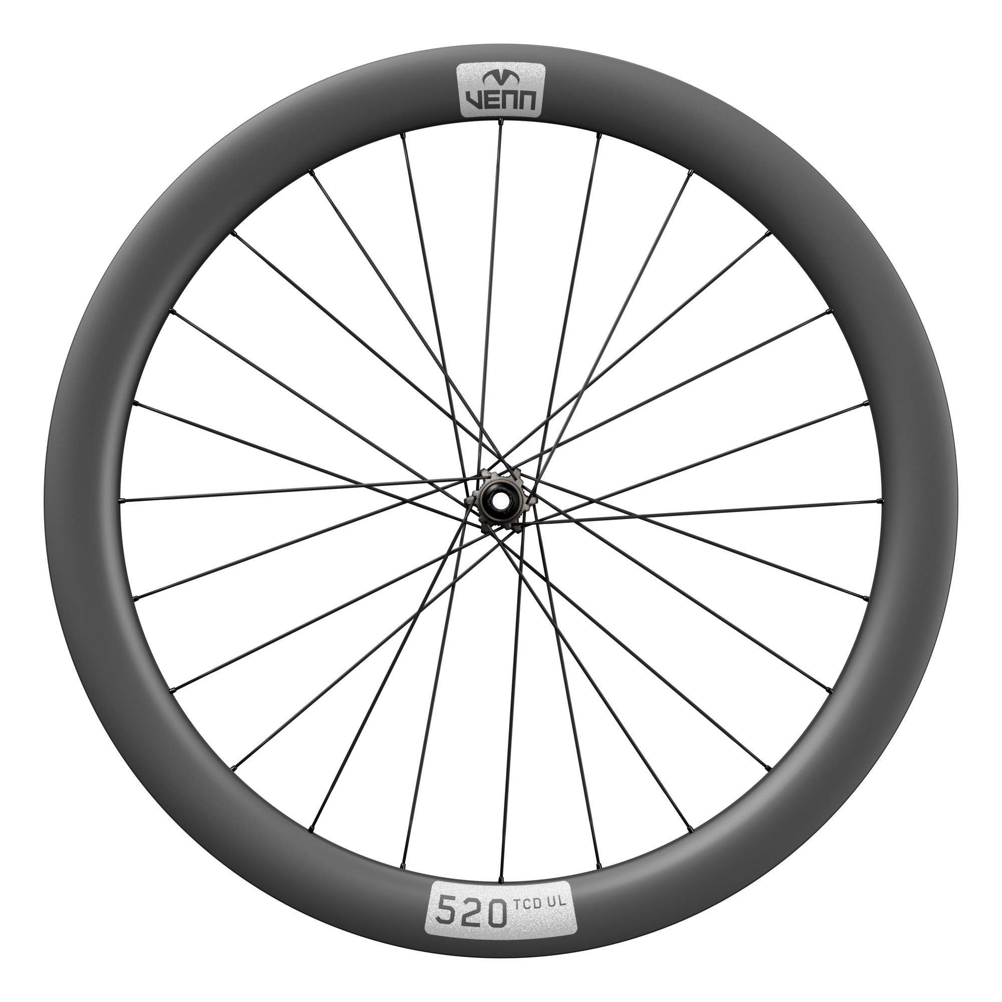 Venn 520 HE1 carbon front wheel, side view, 1k filament wound 520 TCD UL rims on Venn Helix-01 hubs (render)