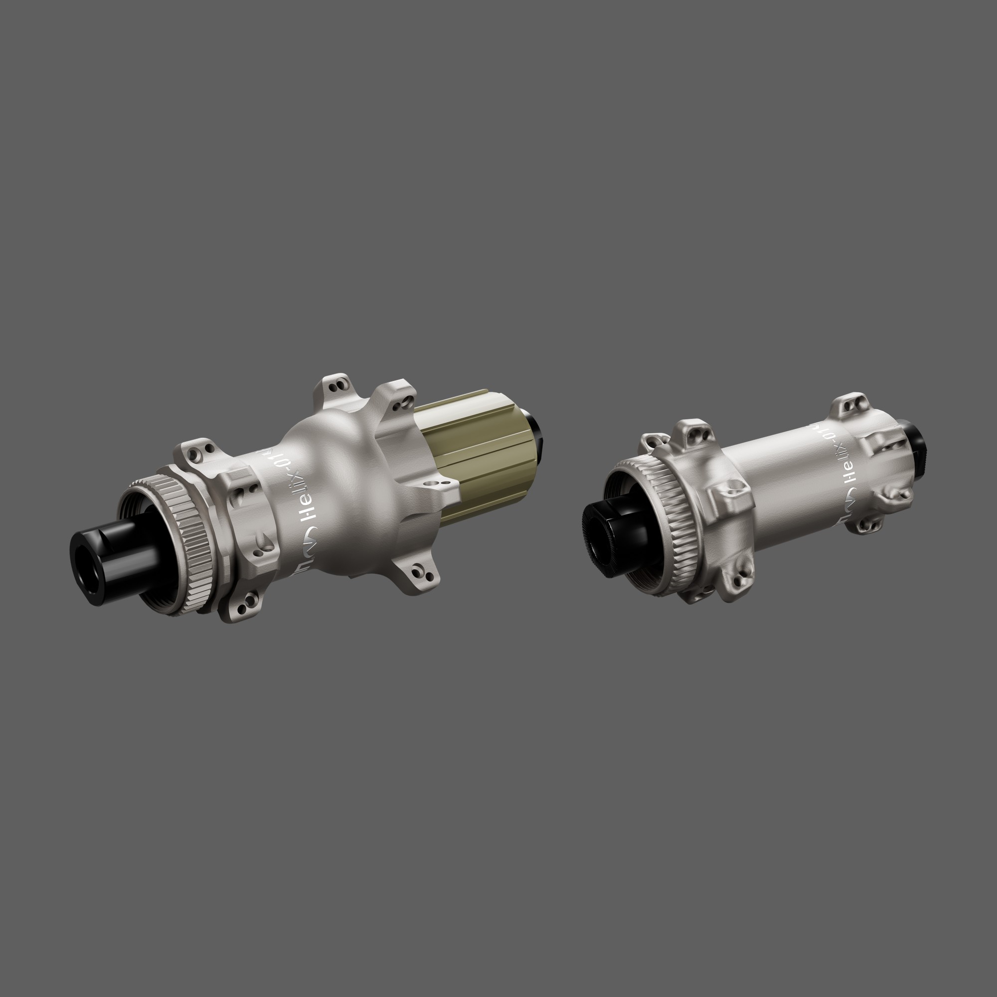 Venn Helix-01 rear and front hub, shot-peened grey with the laser-etched logo (render)